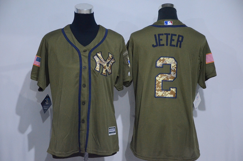 Womens MLB New York Yankees #2 Jeter Green Salute to Service Jersey