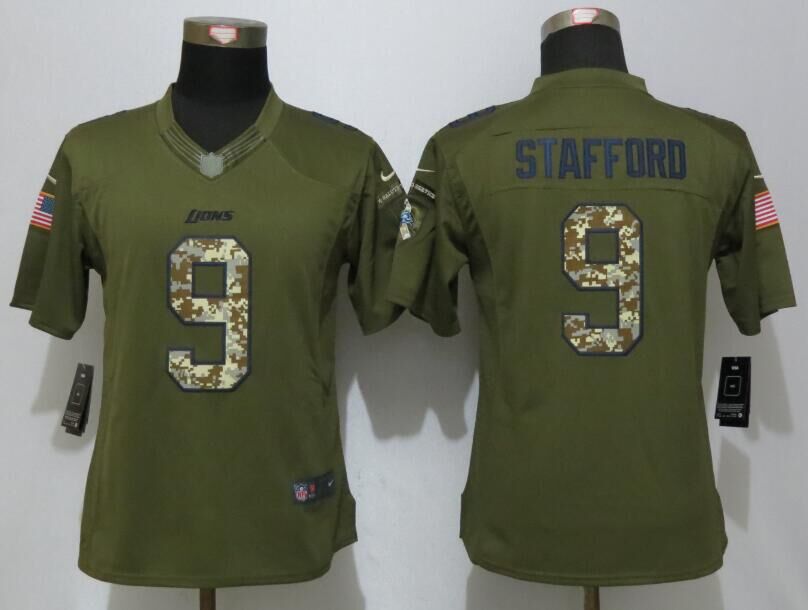 Women New Nike Detroit Lions 9 Stafford Green Salute To Service Limited Jersey