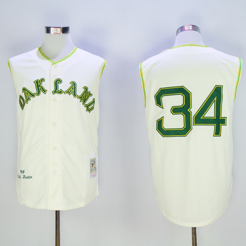 MLB Oakland Athletics #34 Rollie Fingers M&N Cream Jersey 