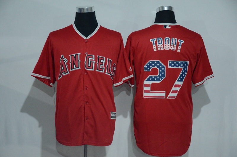 MLB Los Angeles Angels #27 Trout Red USA Flag Jersey