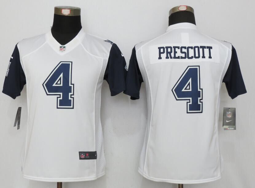 Women New Nike Dallas Cowboys 4 Prescott White Stitched Limited Rush Jersey  