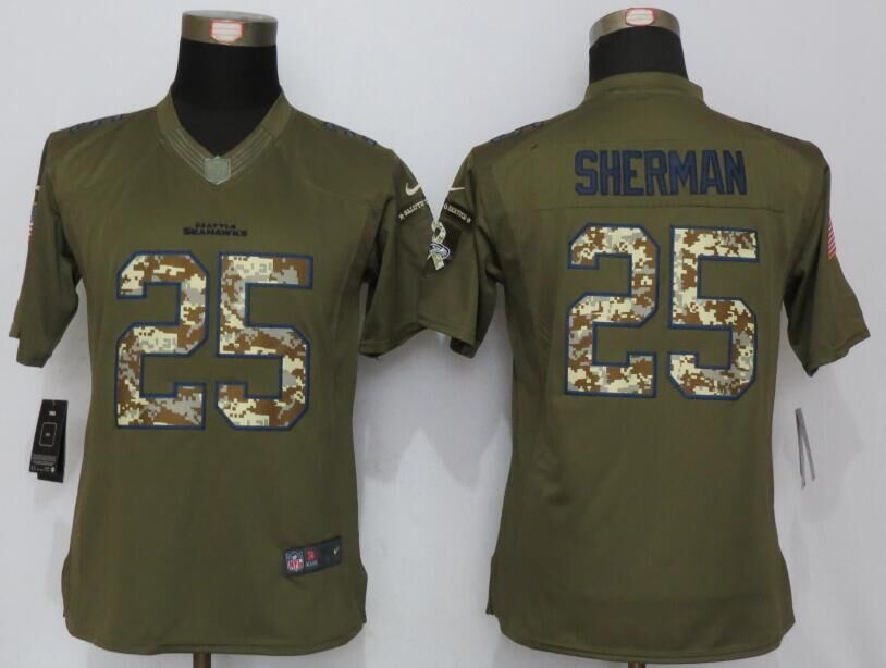 Women New Nike Seattle Seahawks 25 Sherman Green Salute To Service Limited Jersey  