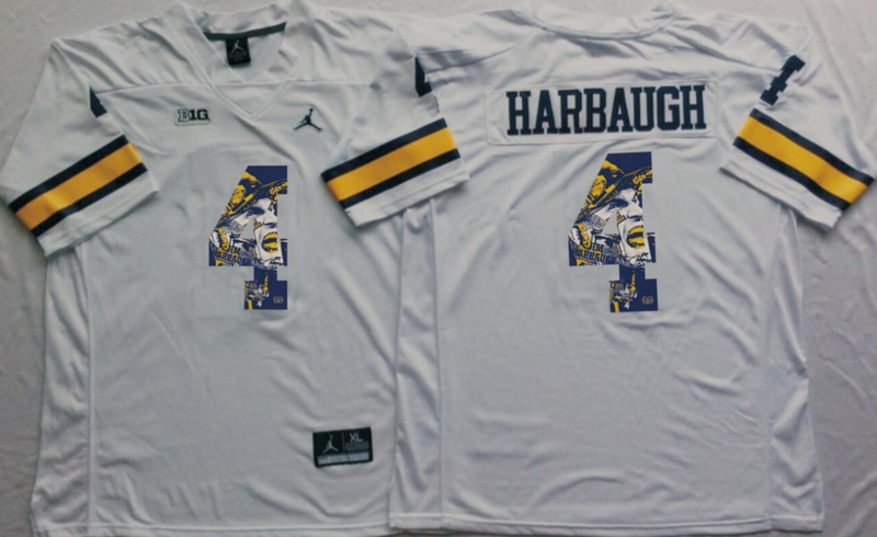 NCAA Michigan Wolverines White #4 Harbaugh Fashion Jersey
