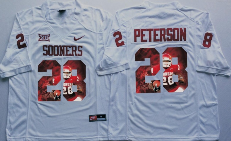 NCAA Oklahoma Sooners White #28 Peterson Fashion Jersey