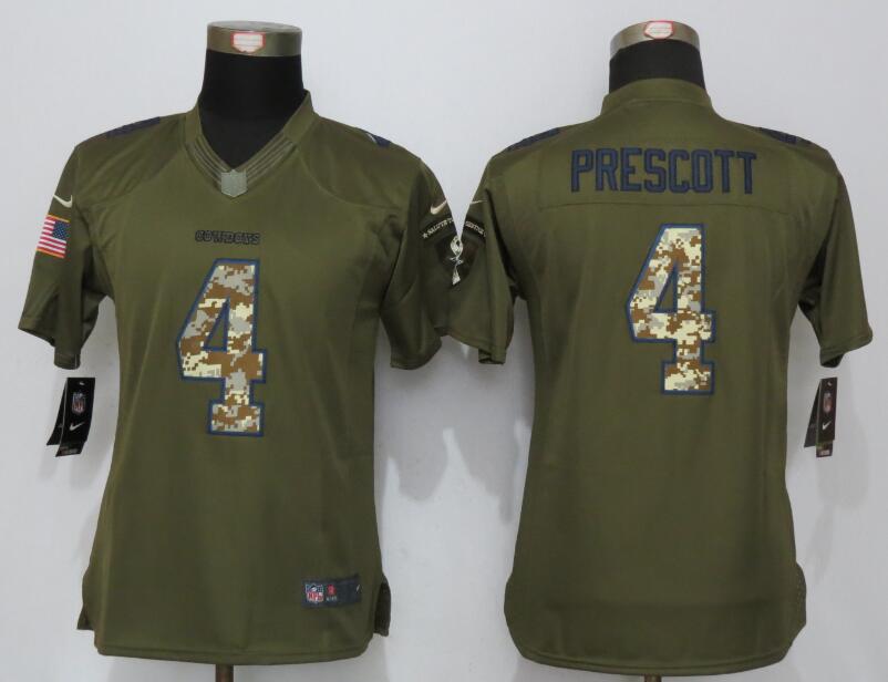 Wonen New Nike Dallas Cowboys 4 Prescott Green Salute To Service Limited Jersey  