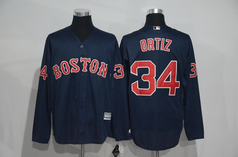 MLB Boston Red Sox #34 Ortiz D.Blue Long Sleeve Jersey
