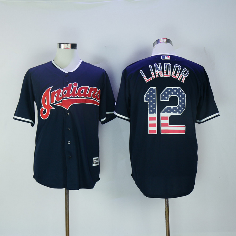 MLB Cleveland Indians #12 Lindor Blue USA Flag Jersey