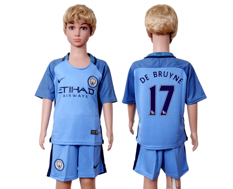 2016 Soccer Man City #17 De Bruyne Home Kids Jersey