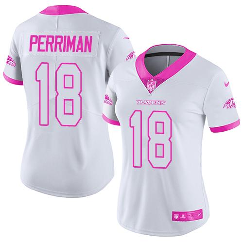 Women NFL Baltimore Ravens #18 Perriman White Pink Color Rush Jersey