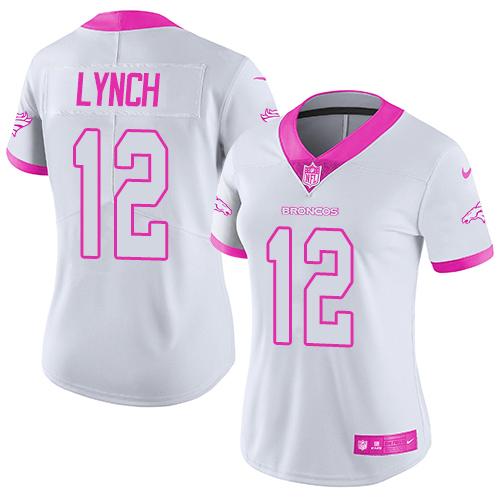 Women NFL Denver Broncos #12 Lynch White Pink Color Rush Jersey