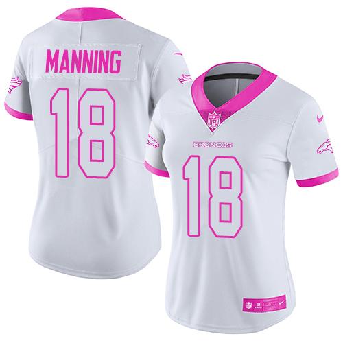 Women NFL Denver Broncos #18 Manning White Pink Color Rush Jersey