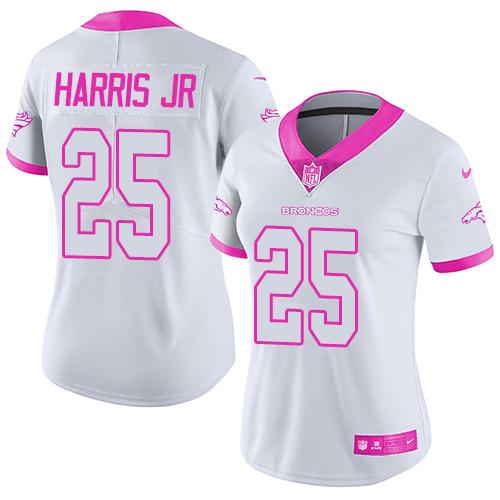 Women NFL Denver Broncos #25 Harris JR White Pink Color Rush Jersey