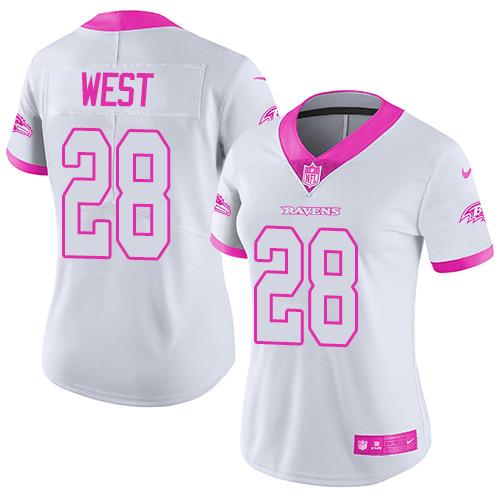 Women NFL Baltimore Ravens #28 West White Pink Color Rush Jersey