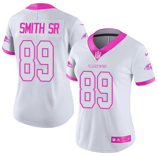 Women NFL Baltimore Ravens #89 Smith SR White Pink Color Rush Jersey