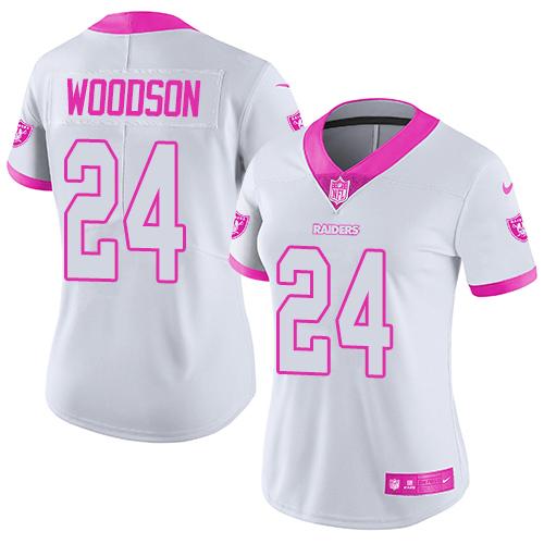 Women NFL Oakland Raiders #24 Woodson White Pink Color Rush Jersey