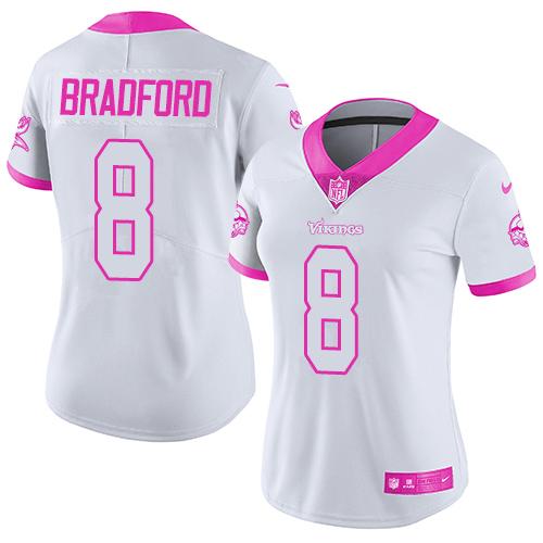 Women NFL Minnesota Vikings #8 Bradford White Pink Color Rush Jersey