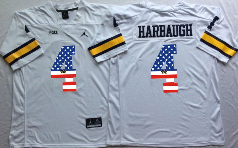 NCAA Michigan Wolverines #4 Harbaugh White USA Flag Jersey