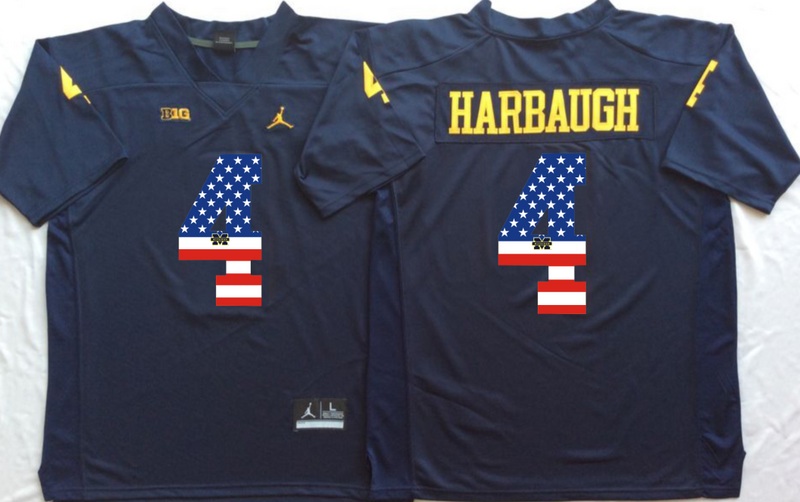 NCAA Michigan Wolverines #4 Harbaugh Blue USA Flag Jersey