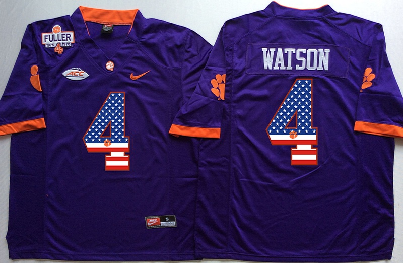 NCAA Clemson Tigers #4 Watson Purple USA Flag Jersey