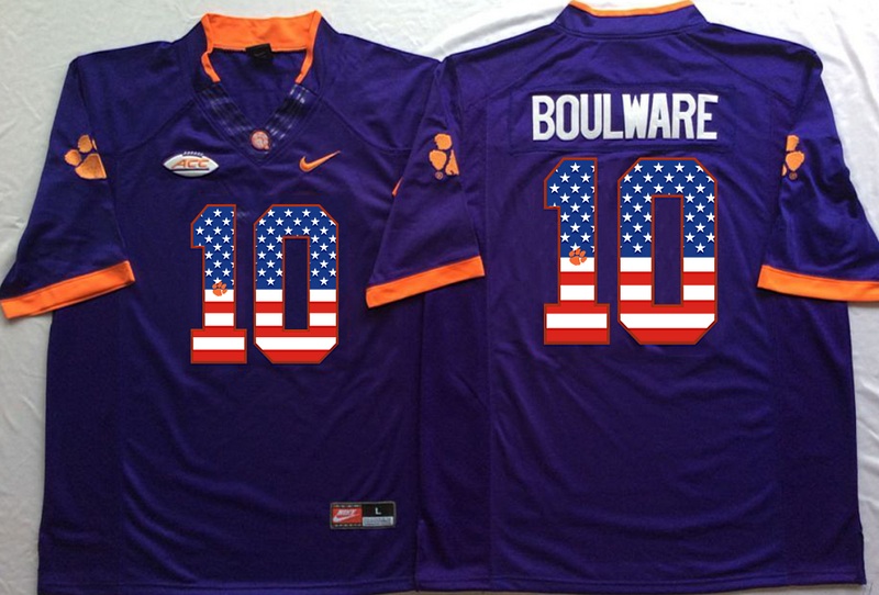 NCAA Clemson Tigers #10 Boulware Purple USA Flag Jersey