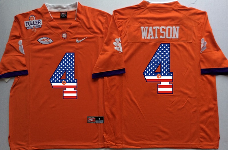NCAA Clemson Tigers #4 Watson Orange USA Flag Jersey