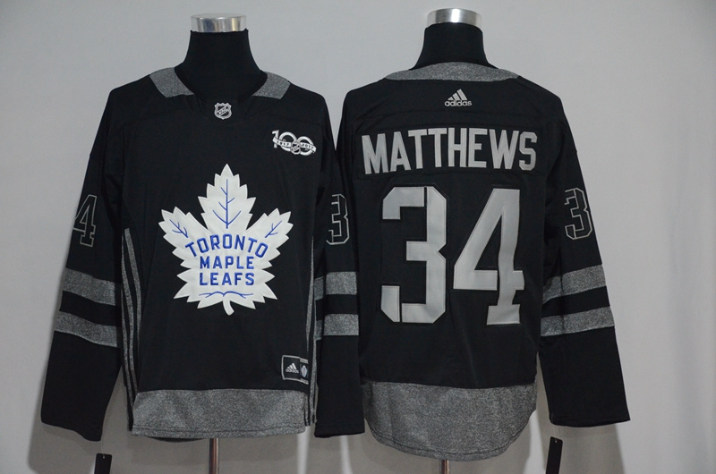 NHL Toronto Maple Leafs #34 Matthews Black 100th Anniversary Jersey