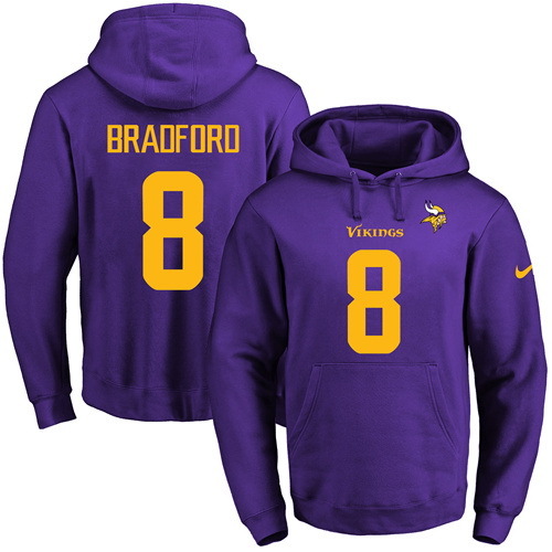 NFL Minnessota Vikings #8 Bradford Yellow Number Purple Hoodie