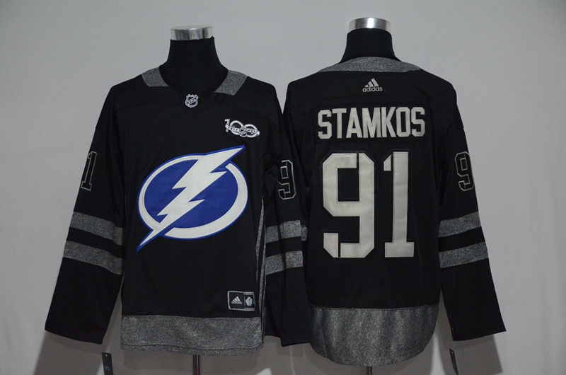 NHL Tampa Bay Lightning #91 Stamkos Black 100th Anniversary Jersey