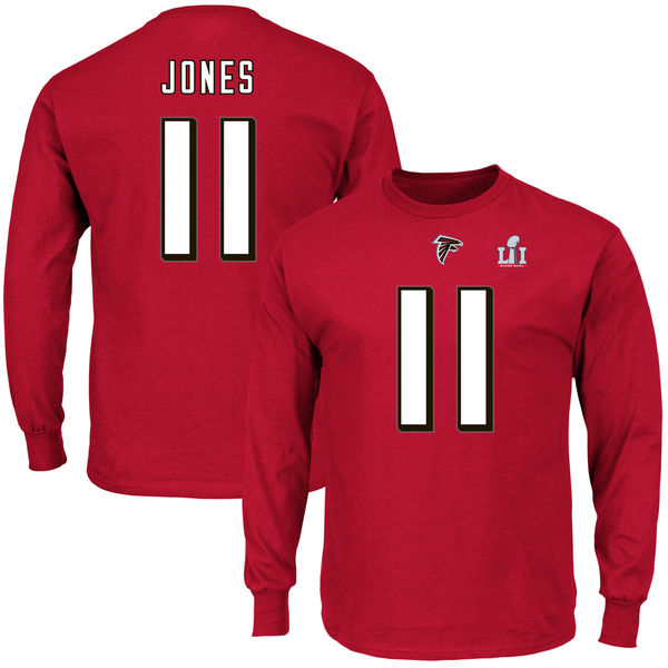 NFL Altanta Falcons #11 Jones Red Long Sleeve T-Shirt with Superbowl Patch