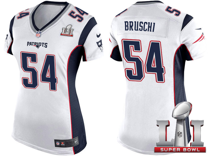 Women New England Patriots #54 Bruschi White Super Bowl LI Patch Game Jersey 