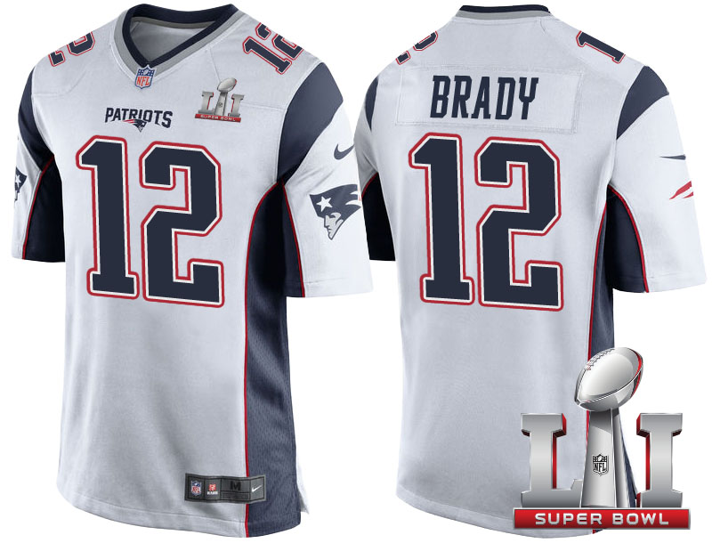 New England Patriots #12 Tom Brady White 2017 Super Bowl LI Patch Game Jersey