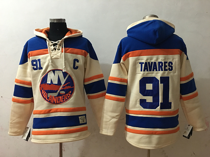 NHL New York Islanders #91 Tavares Cream Blue Hoodie
