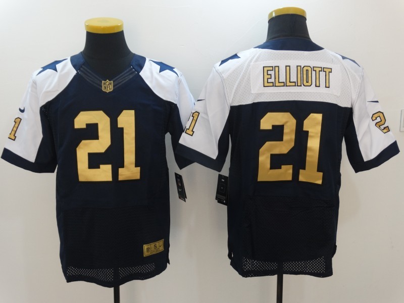 NFL Dallas Cowboys #21 Elliott Blue Thanksgiving Gold Number Elite Jersey