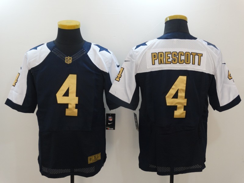 NFL Dallas Cowboys #4 Prescott Blue Thanksgiving Gold Number Elite Jersey