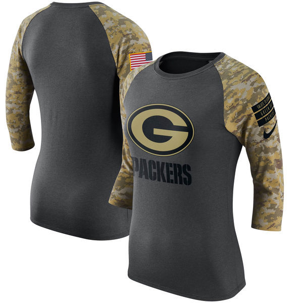 Womens Green Bay Packers Salute to Service Performance Sleeve Raglan T-Shirt Charcoal Camo