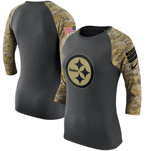 Womens Pittsburgh Steelers Salute to Service Performance Sleeve Raglan T-Shirt Charcoal Camo