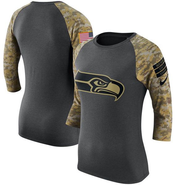 Womens Seattle Seahawks Salute to Service Performance Sleeve Raglan T-Shirt Charcoal Camo