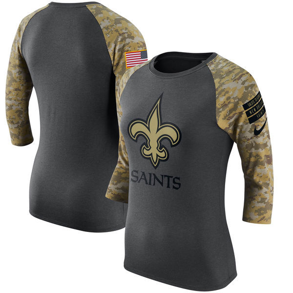 Womens New Orleans Saints Salute to Service Performance Sleeve Raglan T-Shirt Charcoal Camo