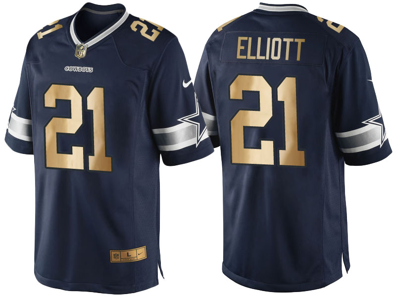 NFL Dallas Cowboys #21 Ezekiel Elliott Navy Blue Elite Gold Jersey