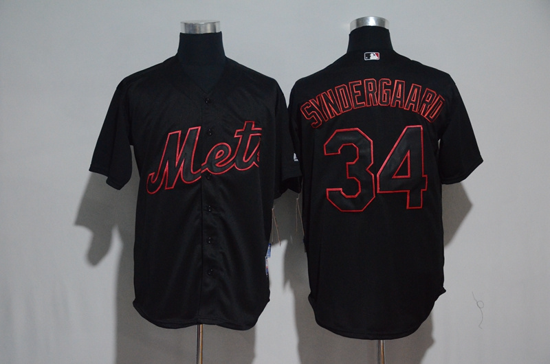 MLB New York Mets #34 Syndergaard Black Grey Sleeve Jersey