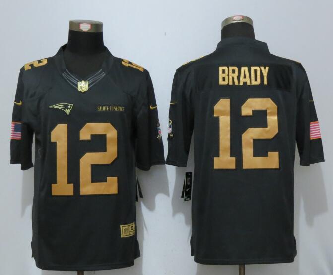 New Nike New England Patriots 12 Brady Gold Anthracite Salute To Service Limited Jersey