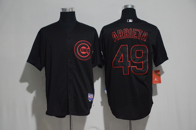 MLB Chicago Cubs #49 Arrieta All Black Red Number Jersey