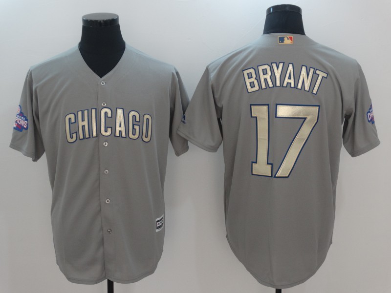 MLB Chicago Cubs #17 Bryant Gold Number Grey Jersey