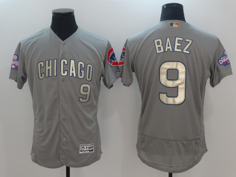 MLB Chicago Cubs #9 Baez Gold Number Grey Elite Jersey