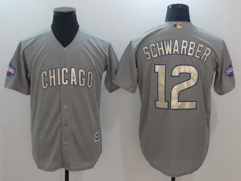 MLB Chicago Cubs #12 Schwarber Gold Number Grey Jersey