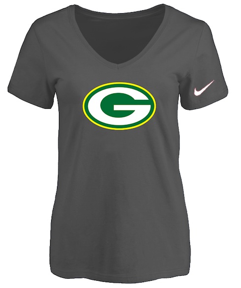 Green Bay Packers D.Grey Womens Logo V-neck T-Shirt