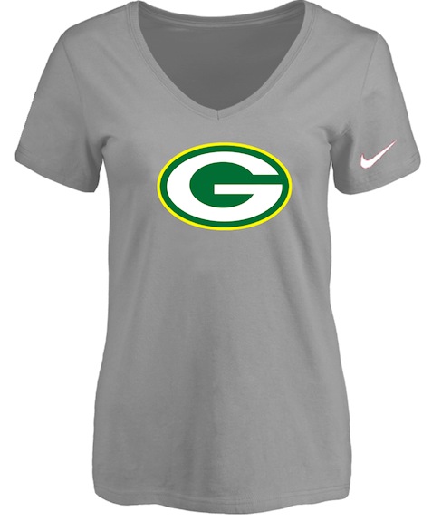 Green Bay Packers L.Grey Womens Logo V-neck T-Shirt