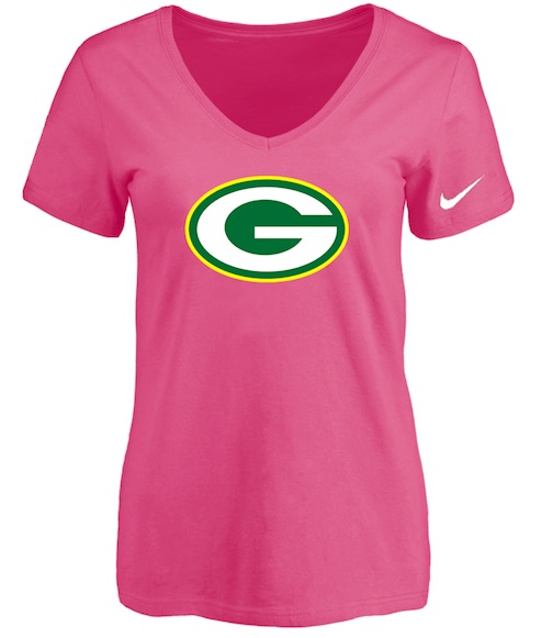 Green Bay Packers Pink Womens Logo V-neck T-Shirt