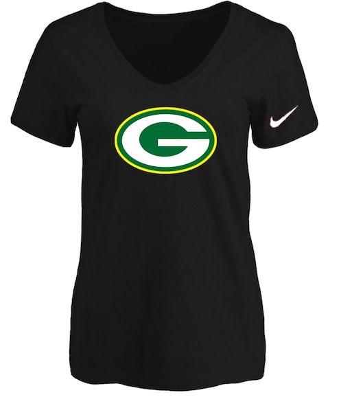 Green Bay Packers Black Womens Logo V-neck T-Shirt