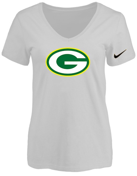Green Bay Packers White Womens Logo V-neck T-Shirt